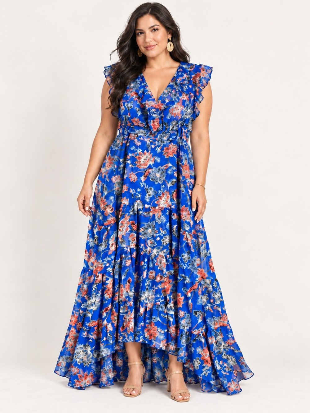 Misa Los Angeles Blue Floral Ruffle Maxi Dress